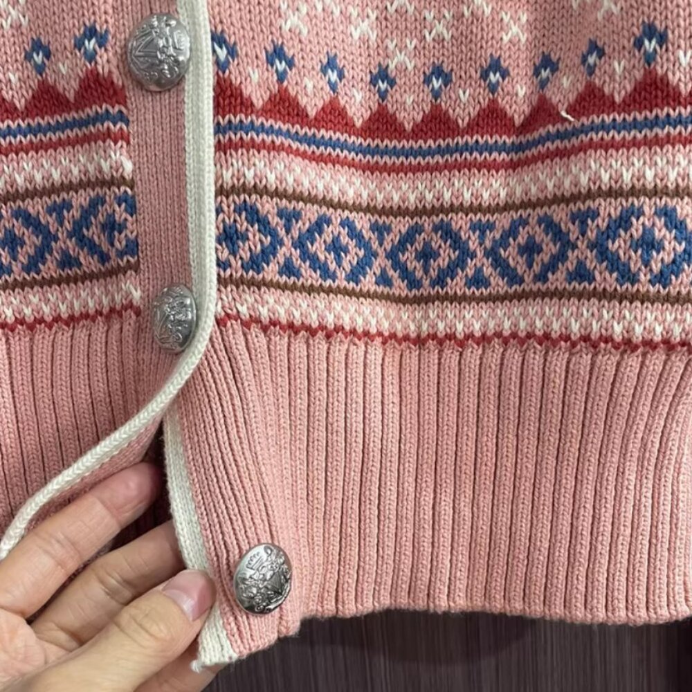 Veronica Beard Cheshire Intarsia Cardigan Rose Fair Isle Pink Knit Holiday - Picture 5 of 7